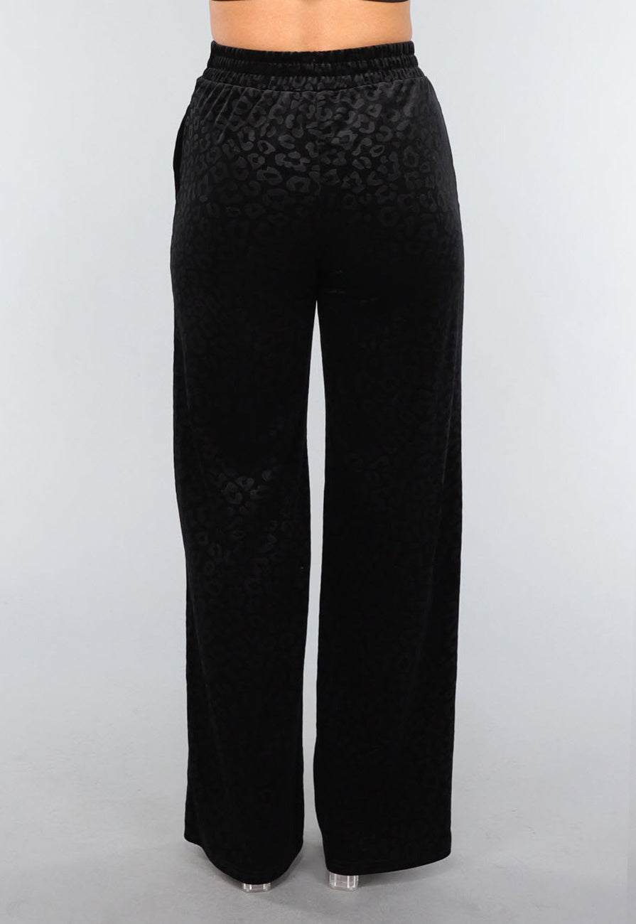 Zwarte Fluwelen Wide Leg Panterprint Broek