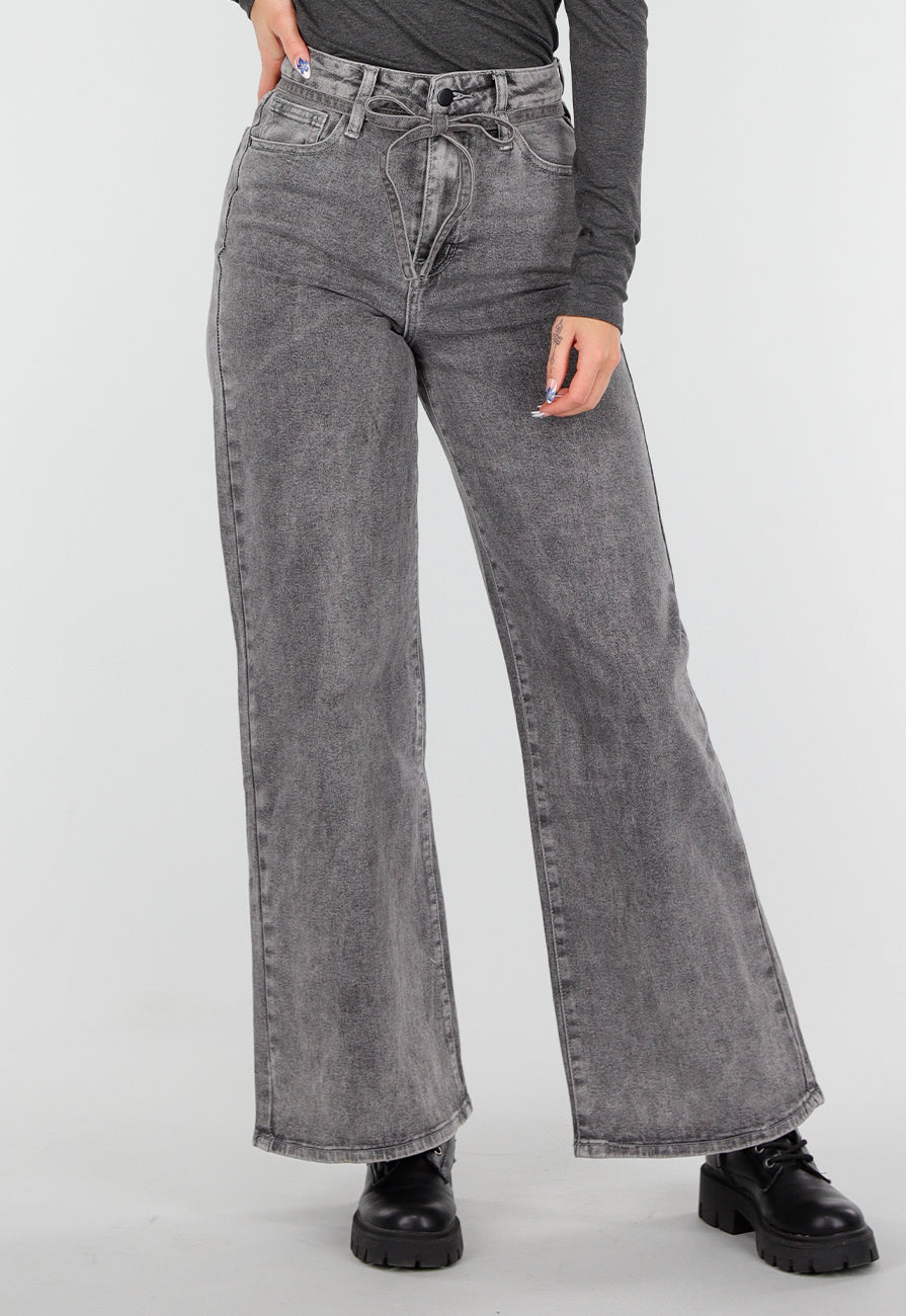 Redial Jeans  Grijze Wide Leg Stretch Jeans met Hoge Taille en Strikceintuur