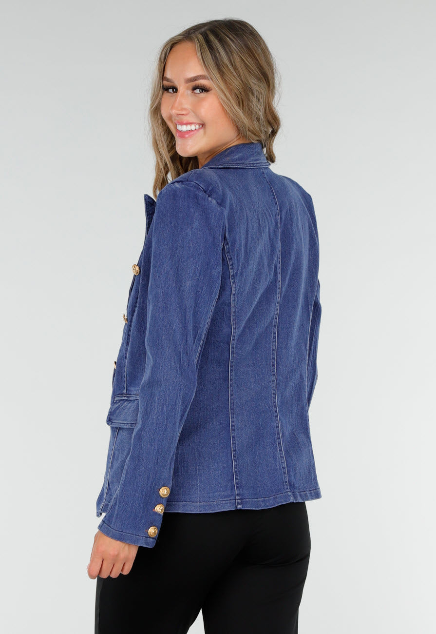 Donkerblauwe Jeans Blazer met Buttons