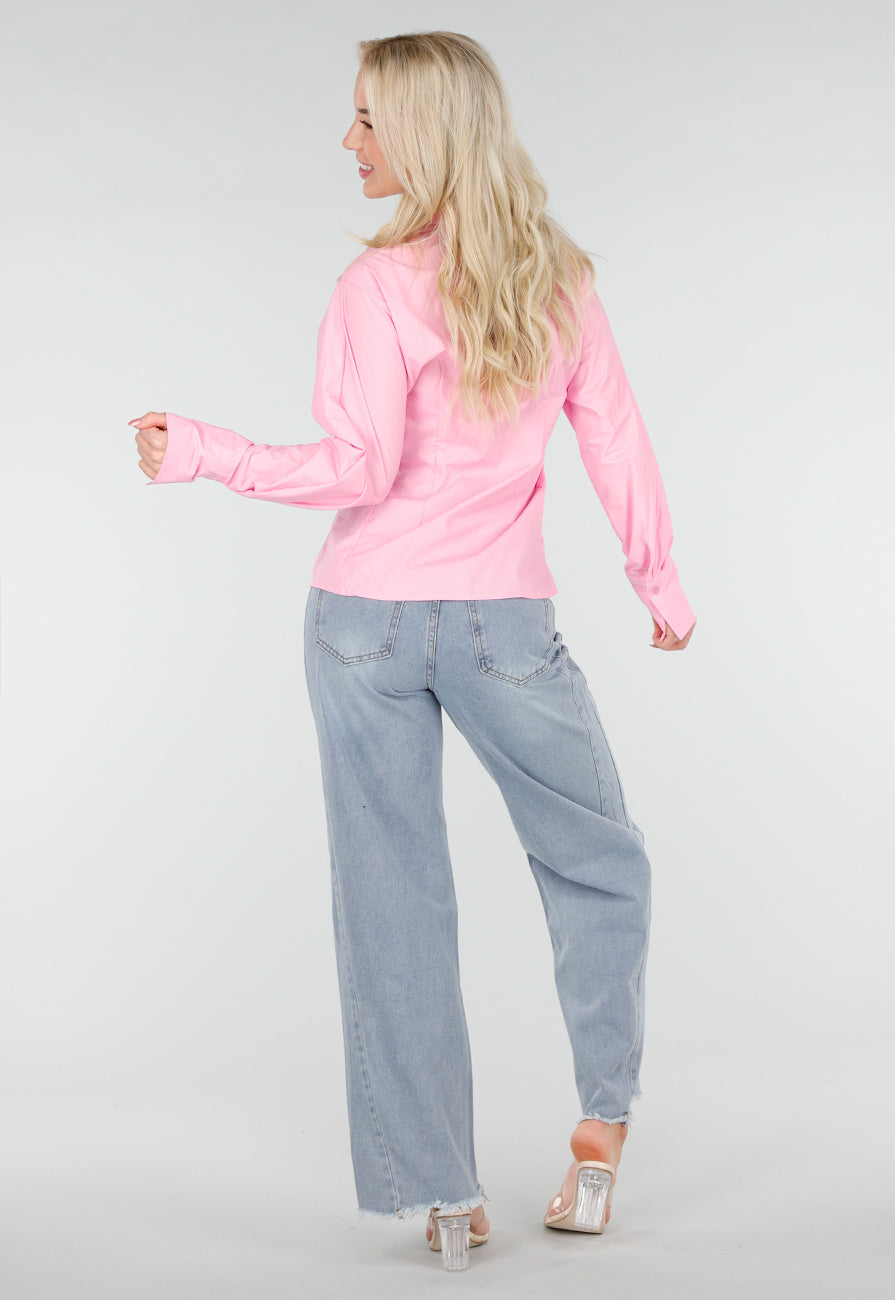 Roze Blouse met Lange Mouwen en Stropdasdetail