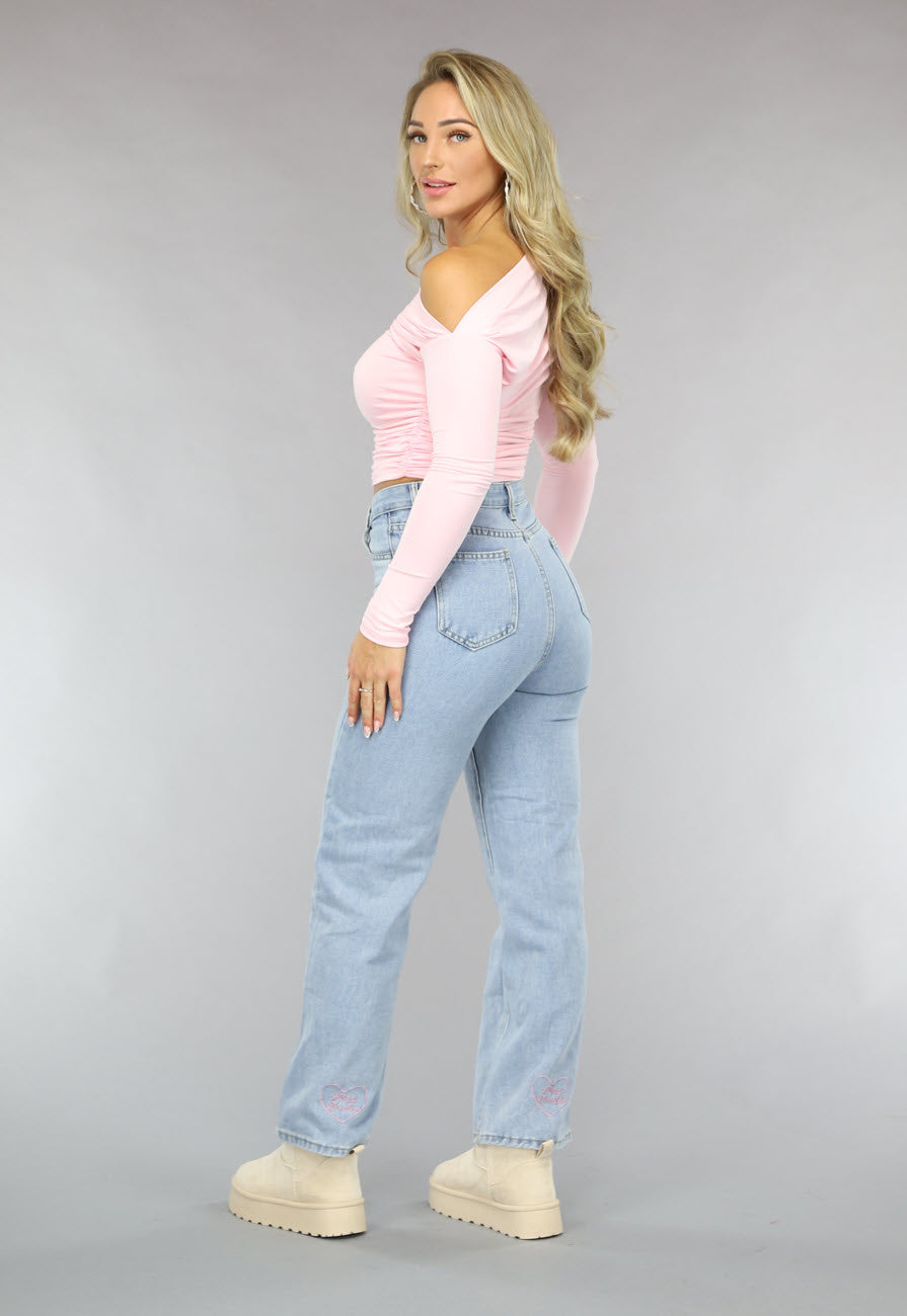 Lichtroze Geplooide Stretch Top met Lange Mouwen