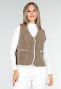 Bruin Teddy Gilet met Witte Randen en Knoopsluiting
