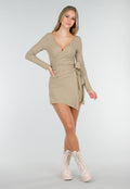 Beige Wikkel Top met Lange Mouwen en Stretch