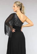 Lange Zwarte One Sleeve Chiffon Jurk met Split