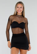 Zwarte Stretch Fishnet Top met Lange Mouwen en Grote Netstructuur
