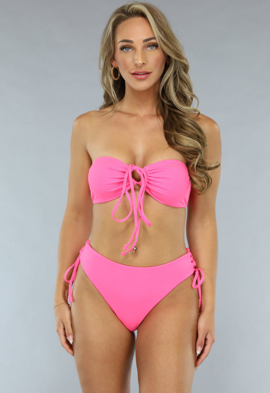 Neon Roze Bandeau Bikini Top met Veterdetail