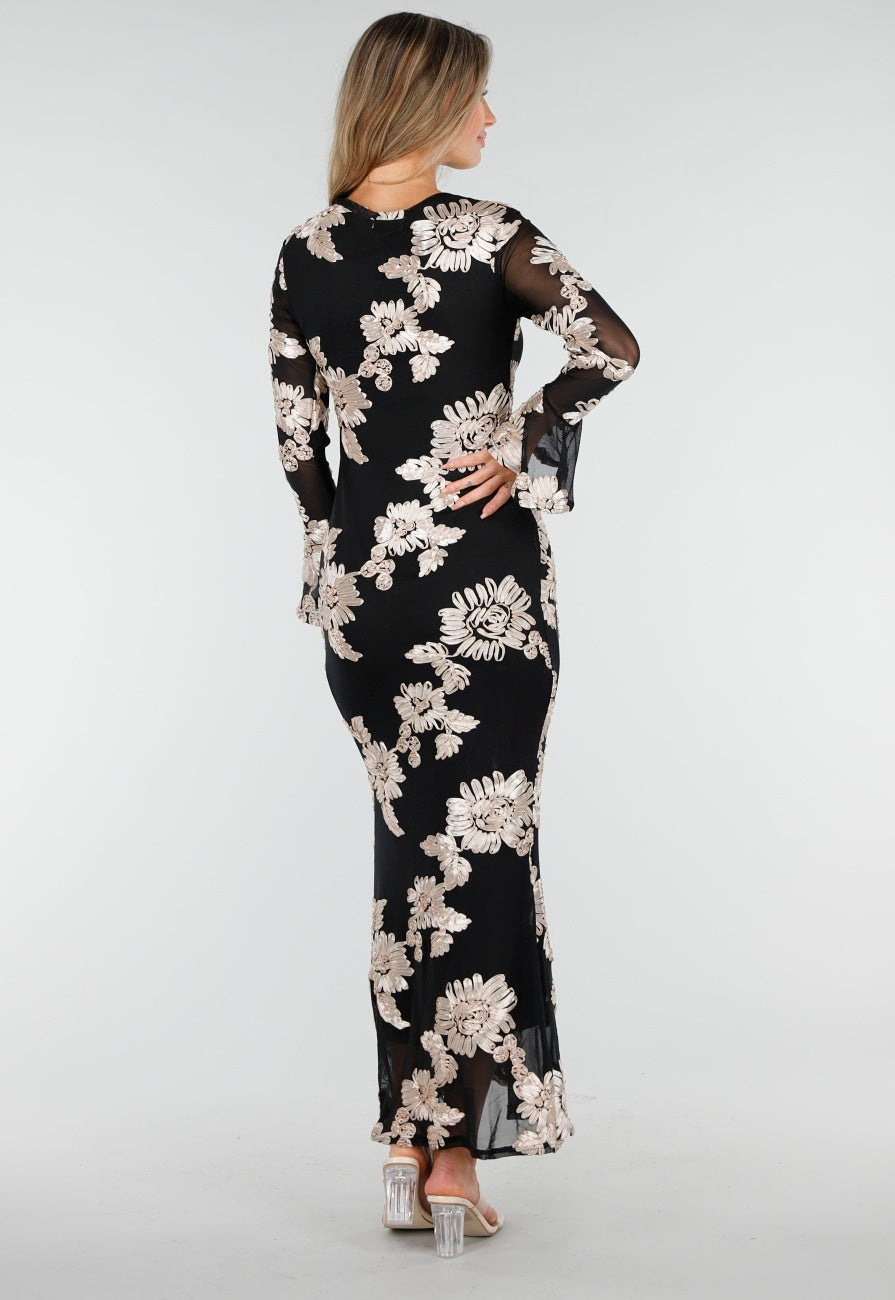 Zwarte Lange Jurk met Stretch en Beige Bloemenprint