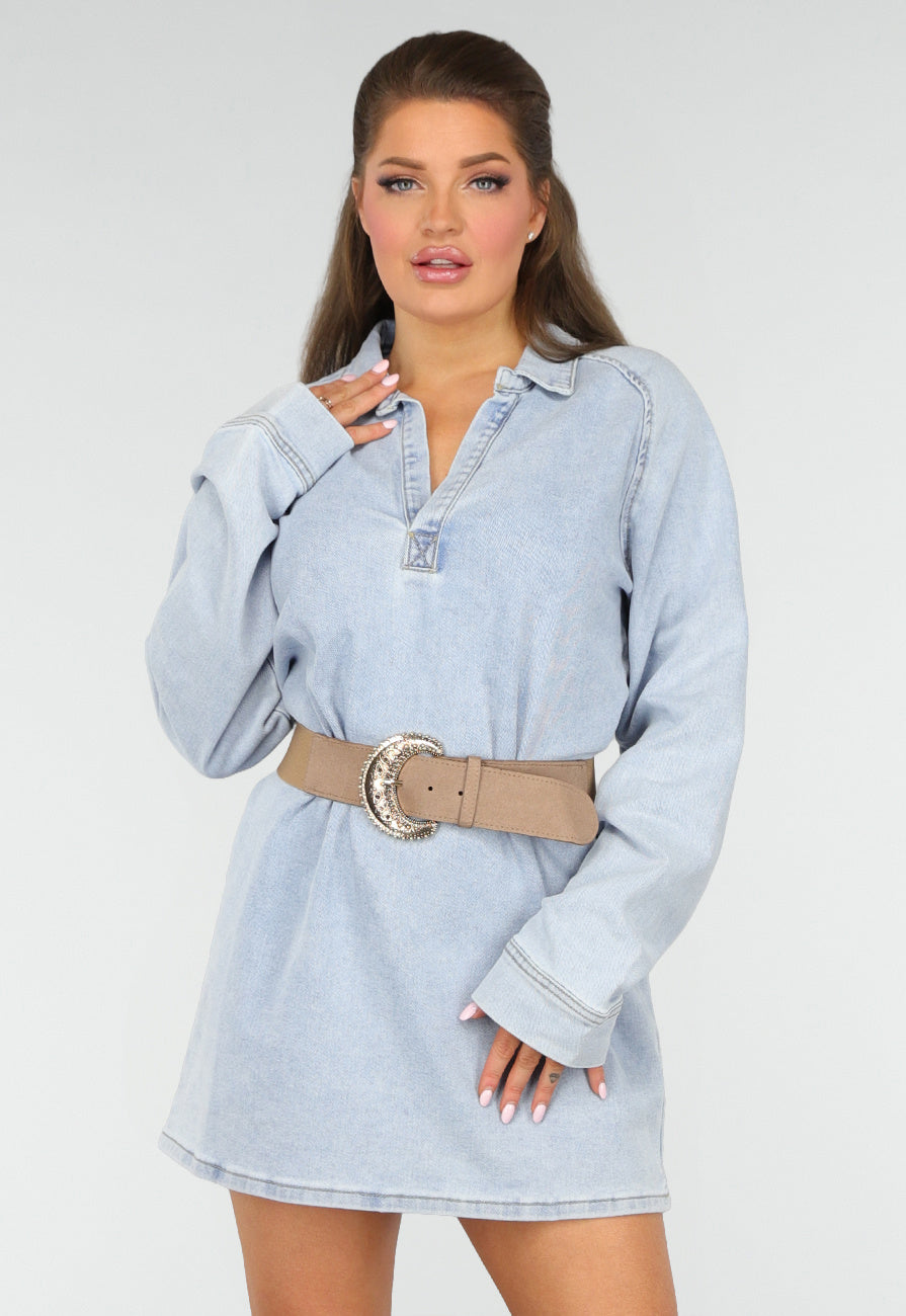 Longsleeve Oversized Denim Jurk met V-hals