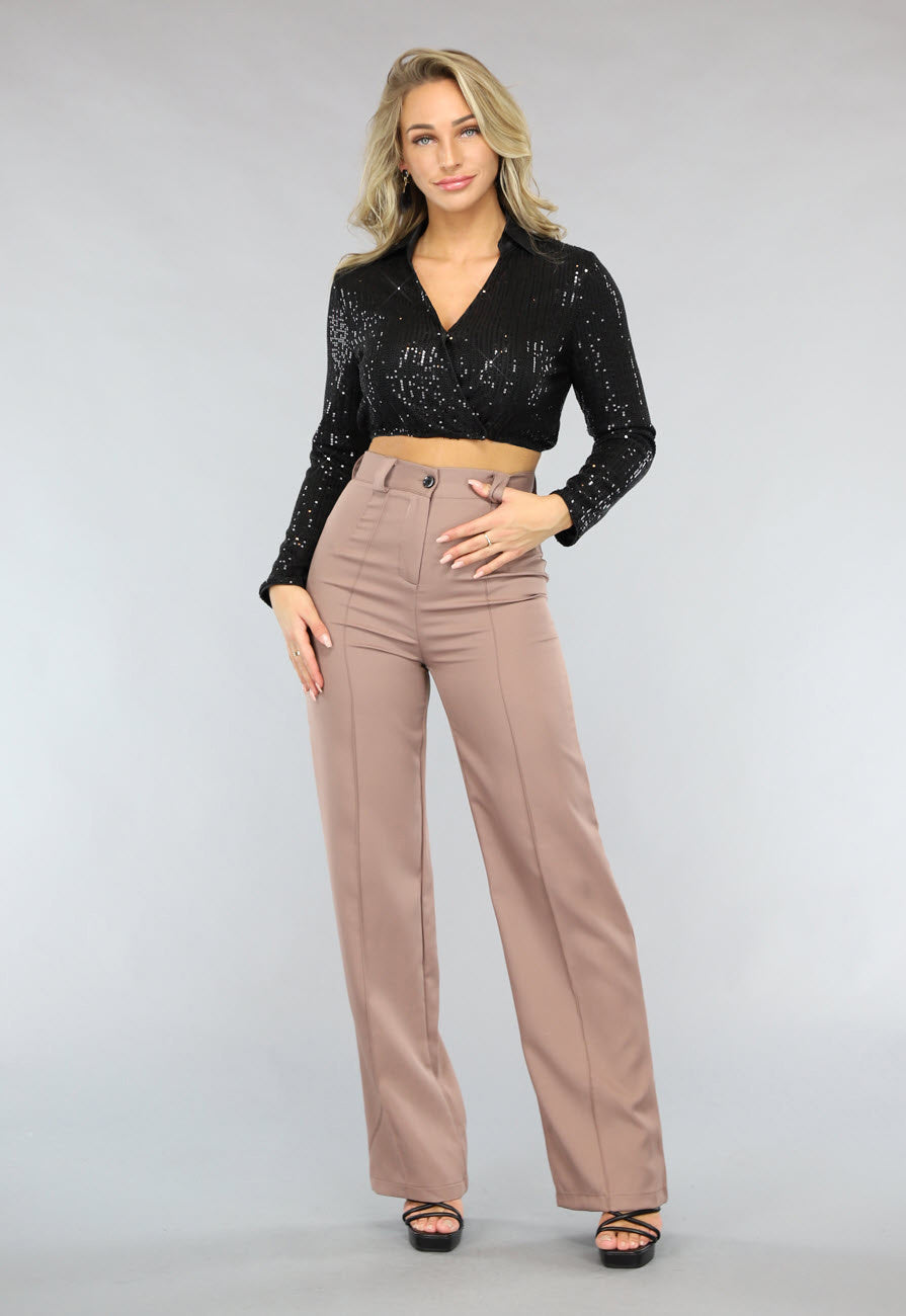 Zwarte Cropped Overslag Blouse met Pailletten