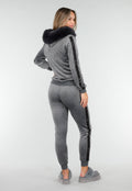 Grijs Velours Huispak met Nepbont Capuchon en Rits