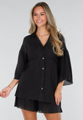 Zwarte Blouse en Short Set met Wijde Mouwen