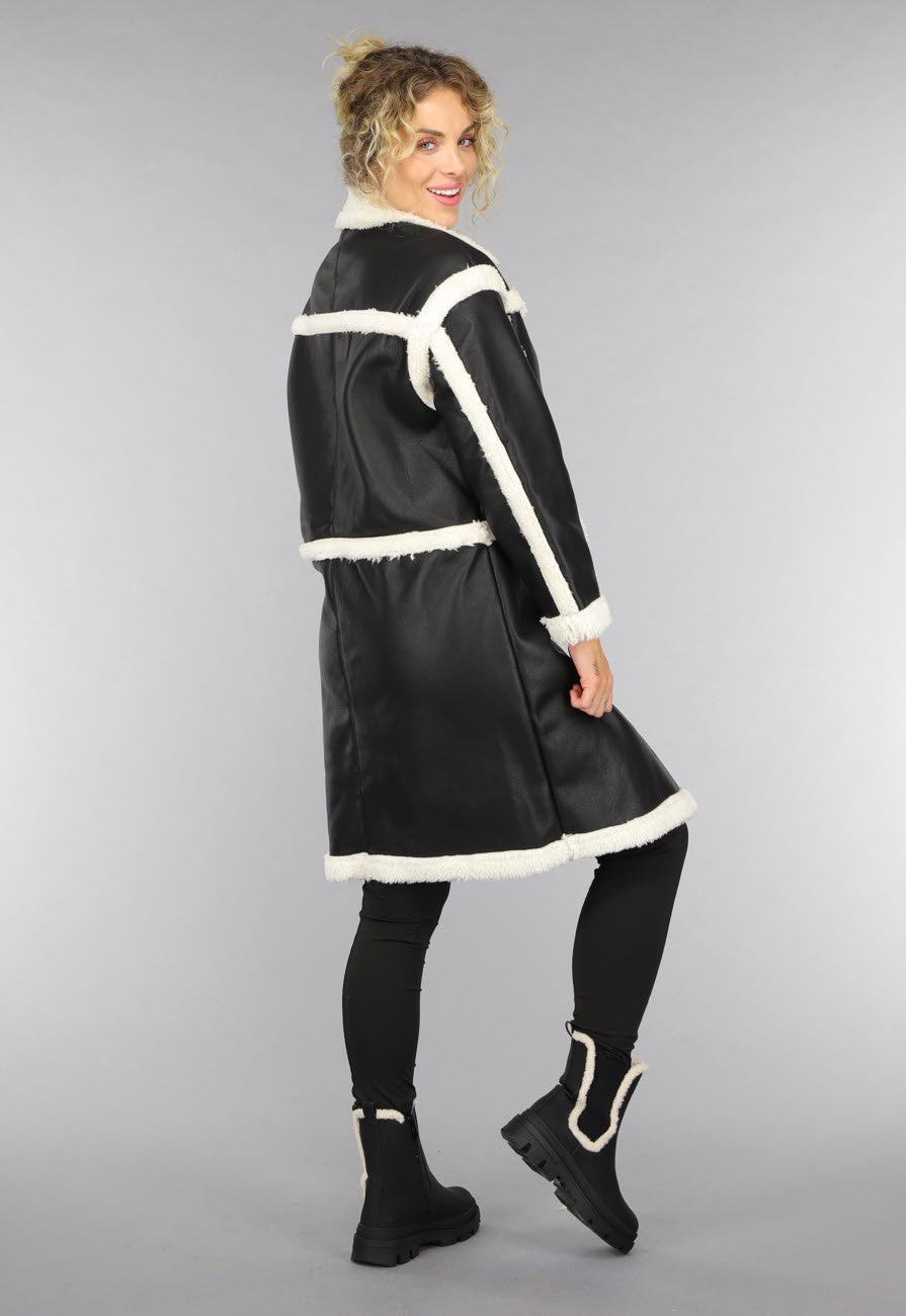 Zwarte Lange Lederlook Teddy Mantel Jas