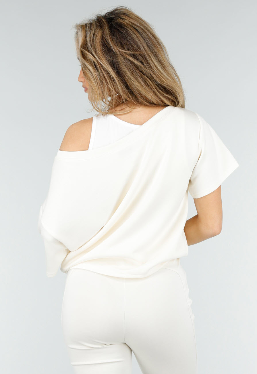 Beige One Shoulder Top met Ingewerkte Top en Stretch