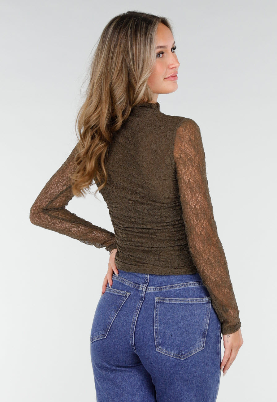 Khakikleurige See Through Kanten Top met Gedrappeerd Effect