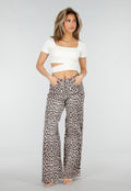 Beige Leopard Denim Jeans met Wide Leg en Steekzakken