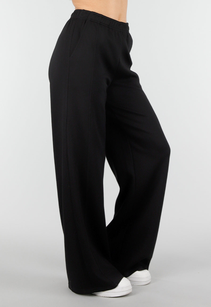 Zwarte Wide Leg Joggingbroek met Elastische Taille en Stretch