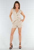 Beige Linnenlook 2-Piece met Asymmetrische Knoopsluiting