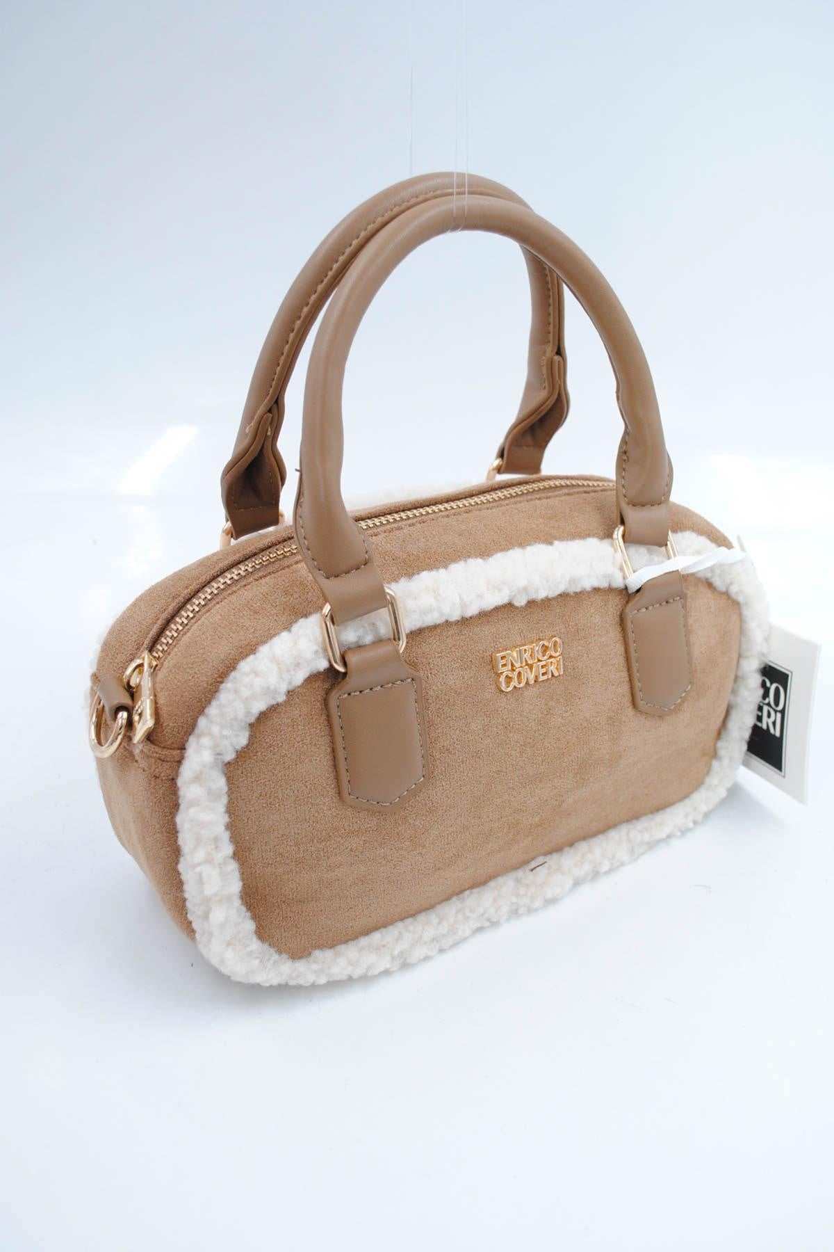 Beige Suède Handtas met Bontafwerking en Lang Schouderhengsel
