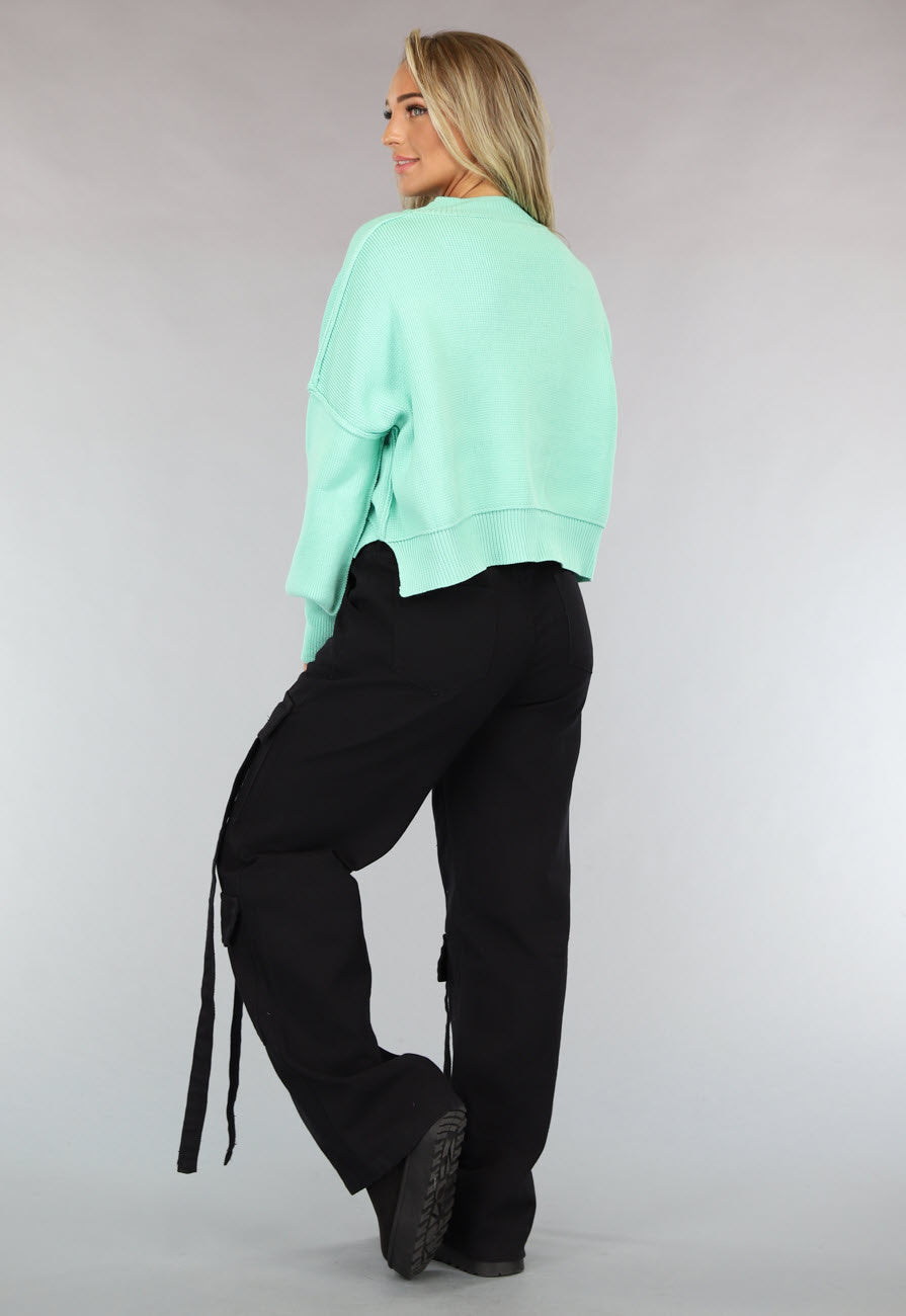 Gebreide Trui met Zichtbare Naden in Turquoise