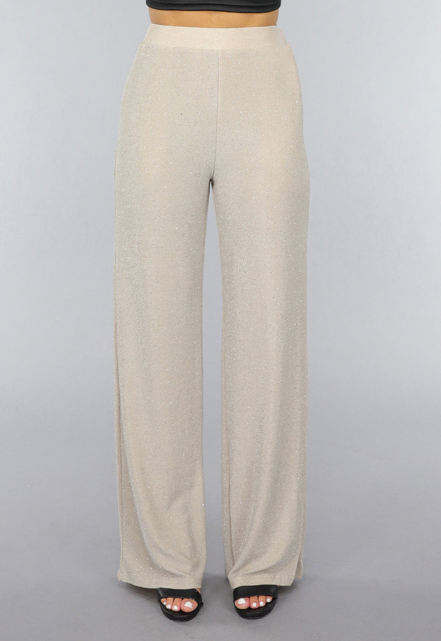 Beige Elastische Glitter Broek