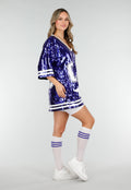 Blauwe Oversized Pailletten Jersey Top met V Hals
