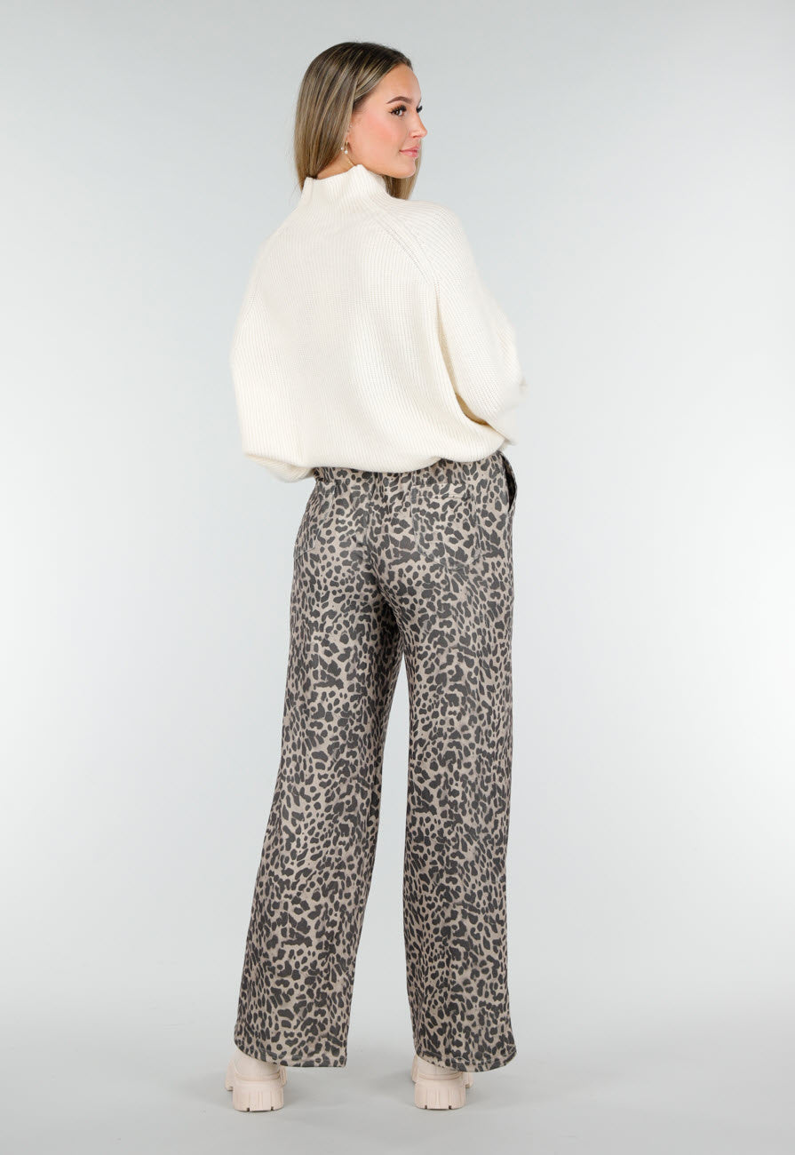 Leopard Print Broek met Rechte Pijp en Elastische Taille