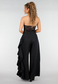 Zwarte Wide Leg Broek met Ruffle Detail en Kant Split