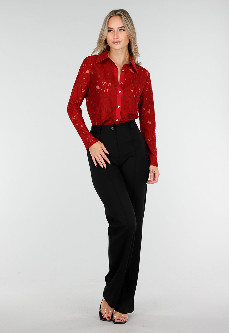 Rode Kanten Blouse met Knoopsluiting en Lange Mouwen