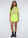 Neongele Fishnet Crop Top met Korte Mouwen