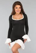 Zwarte Jurk met Witte Ruches Details en Strik