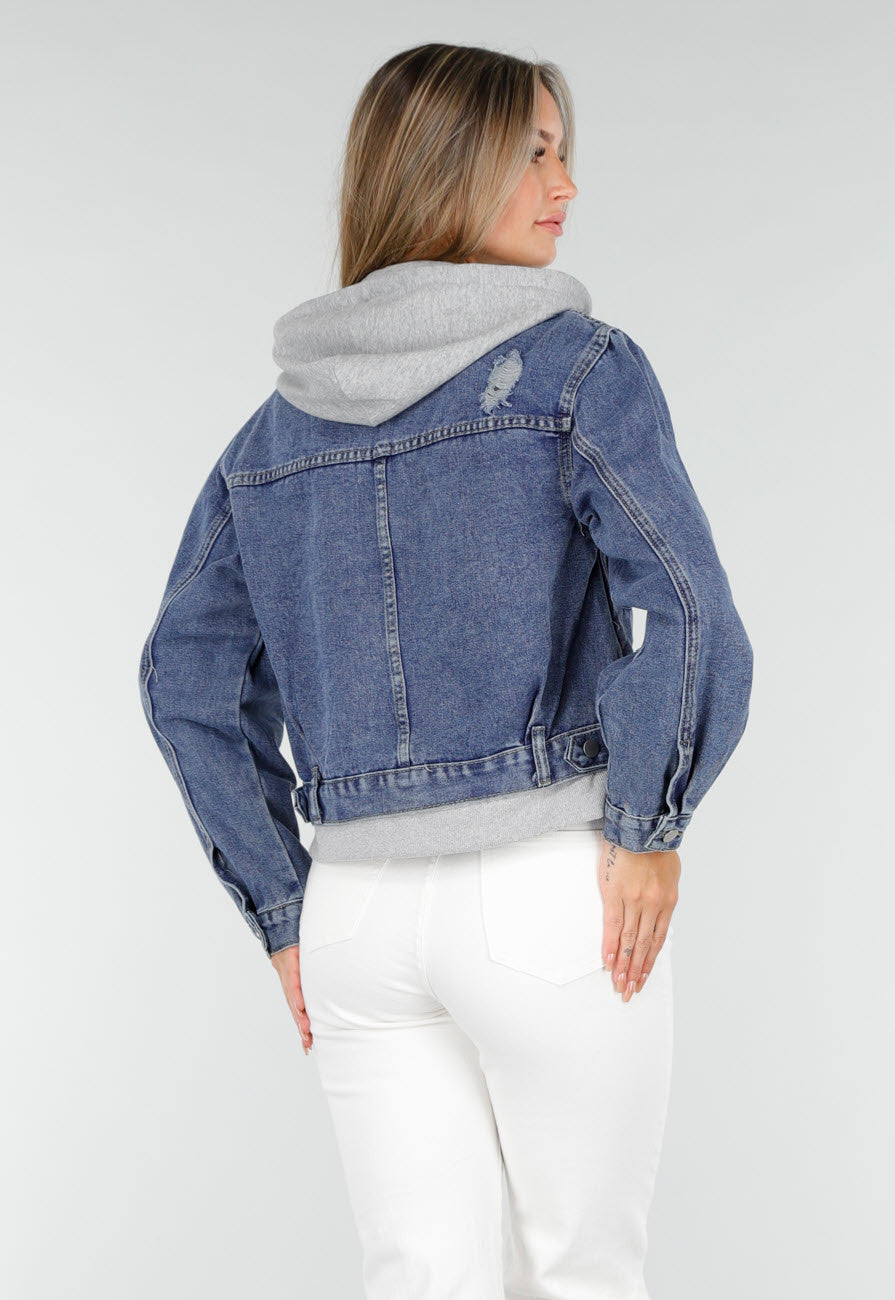 Blauwe Denim Jas met Grijze Capuchon en Zakken met Rits