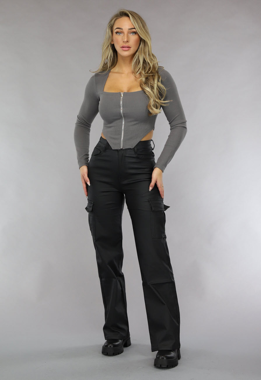 Grijze Rib Top met Lange Mouwen en Rits