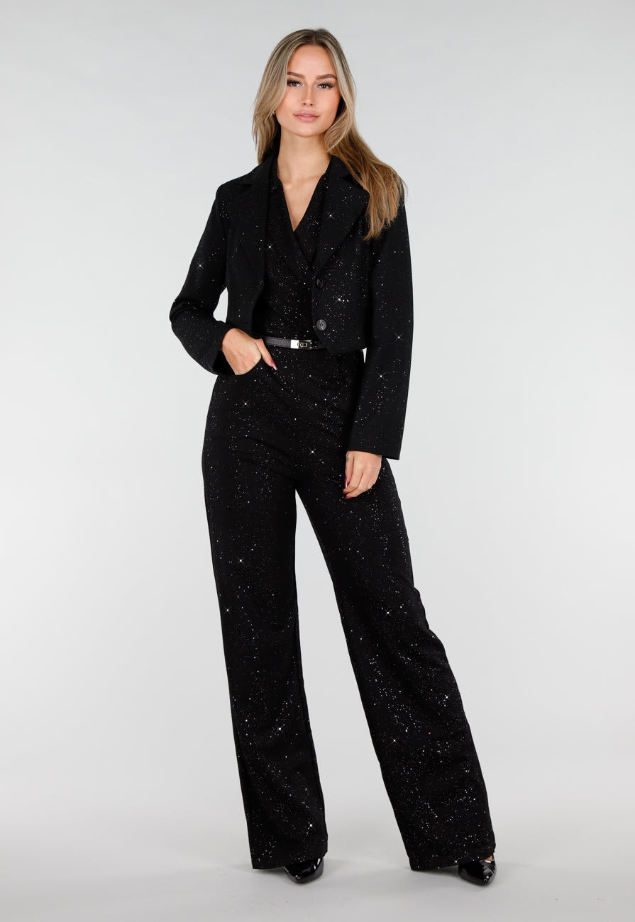Zwarte Cropped Blazer met Glitters