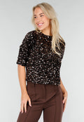 Bruine Pailletten Top met Korte Mouwen en Stretch