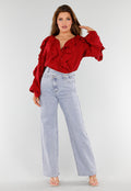 Rode Blouse met Volants en Losvallende Ballonmouwen