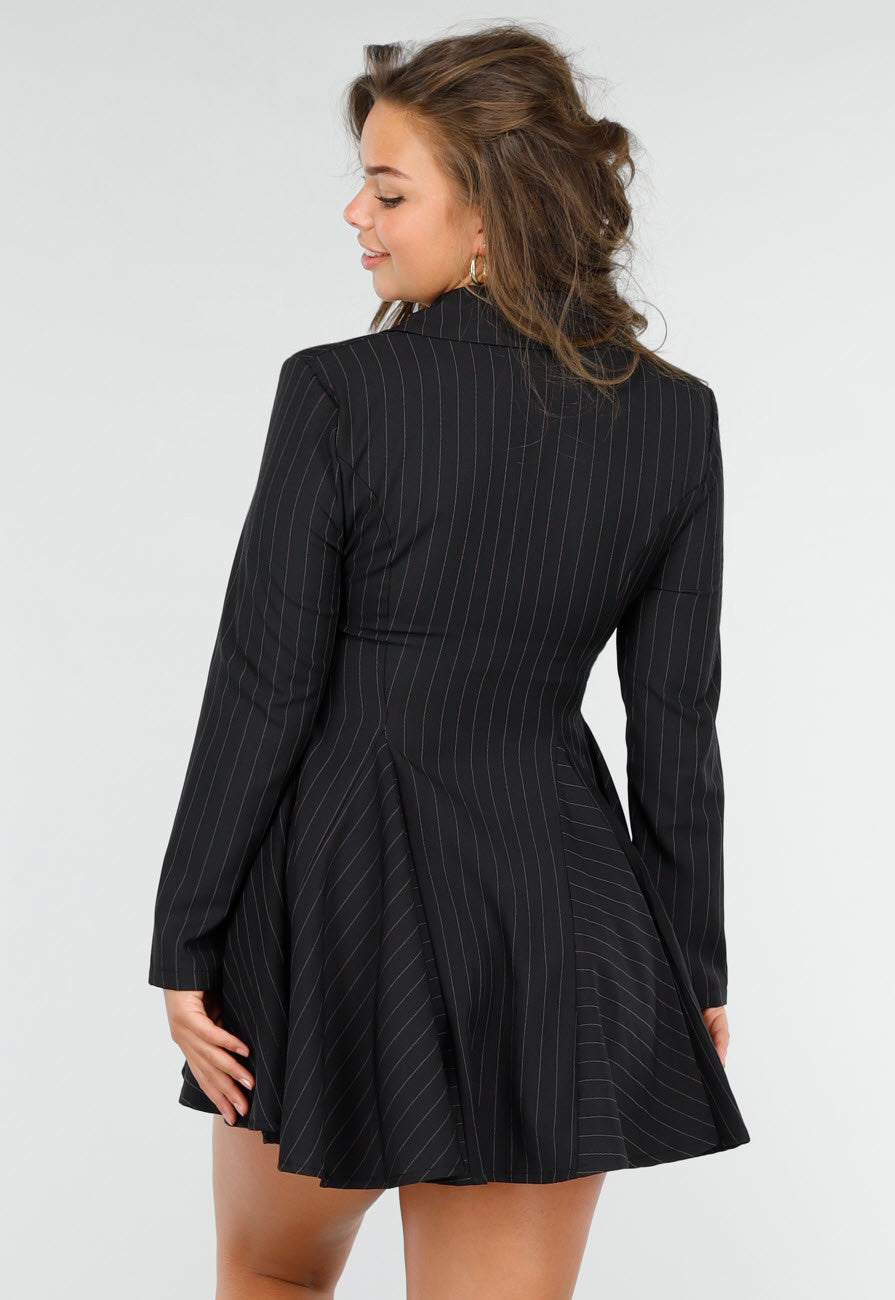 Zwarte Pinstripe Blazerjurk met Lange Mouwen, Kraag en Knoopsluiting