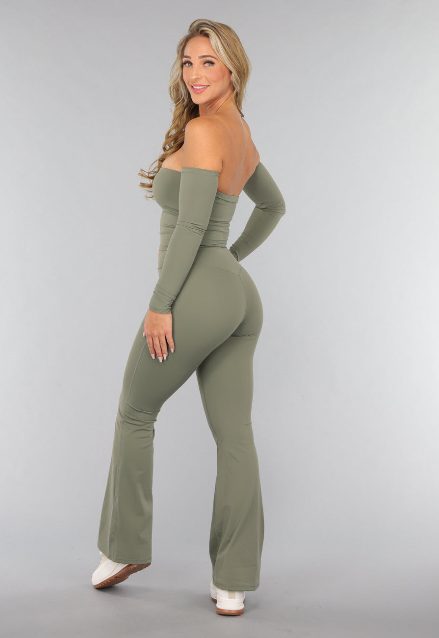 Legergroene Off Shoulder Top met Lange Mouwen