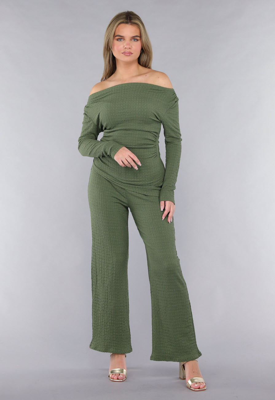 Khaki Twin Set in Gesmokte Stof