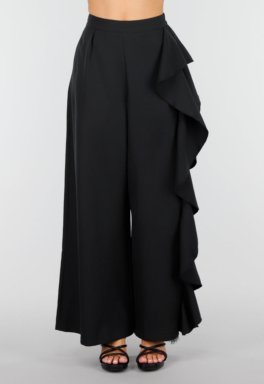Zwarte Wide Leg Broek met Ruffle Detail en Kant Split