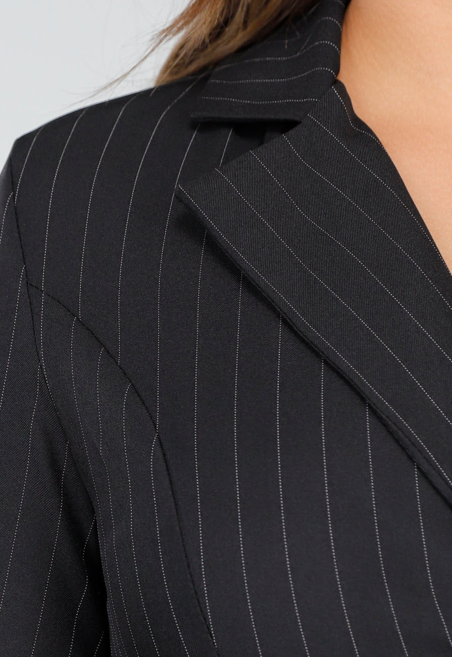 Zwarte Pinstripe Blazerjurk met Lange Mouwen, Kraag en Knoopsluiting