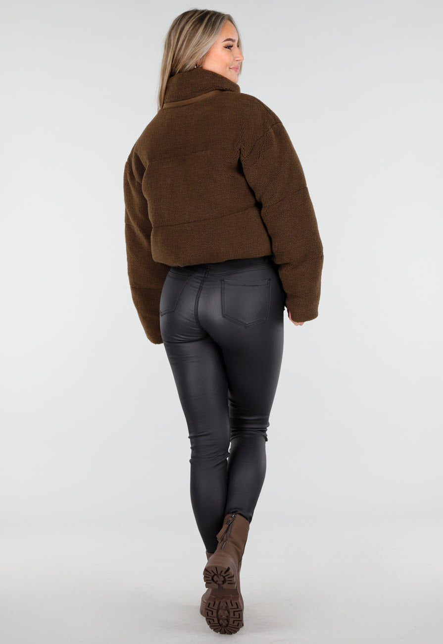 Bruine Teddy Puffer Jas met Hoge Kraag en Capuchon