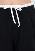 Zwarte Wide Leg Broek met Witte Tailleband en Strikdetail
