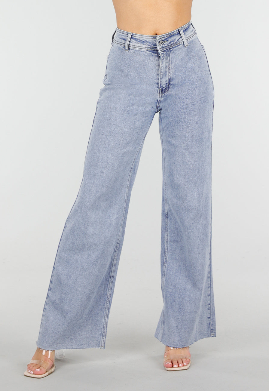 Lichtblauwe Denim Wide Leg Jeans met Rechte Pijpen en Stretch